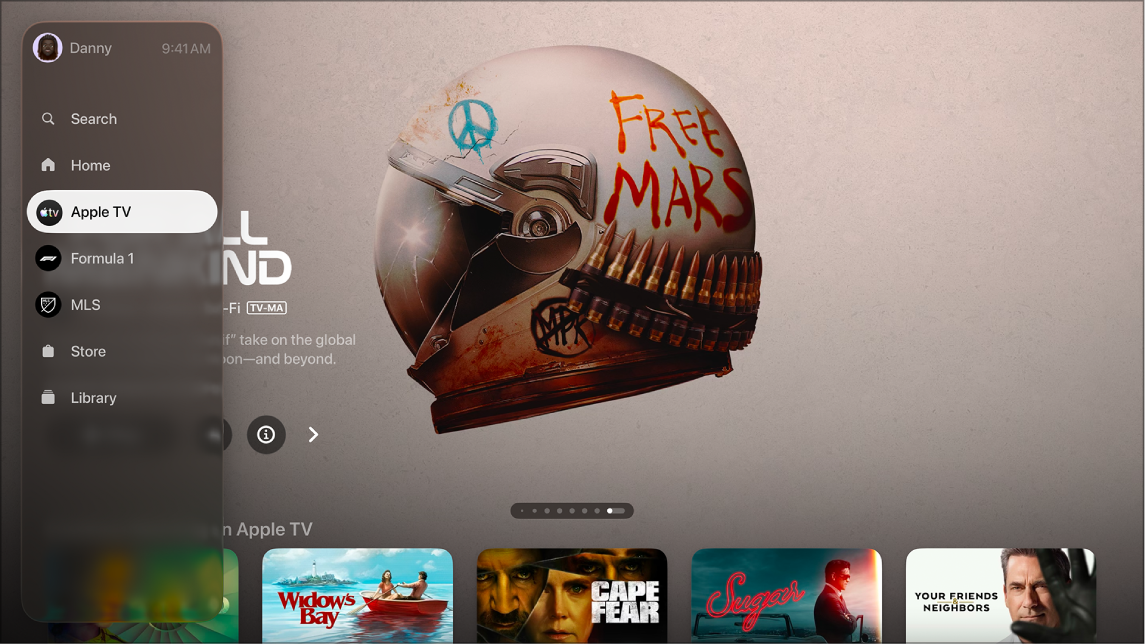 Écran affichant la barre latérale de l’app Apple TV