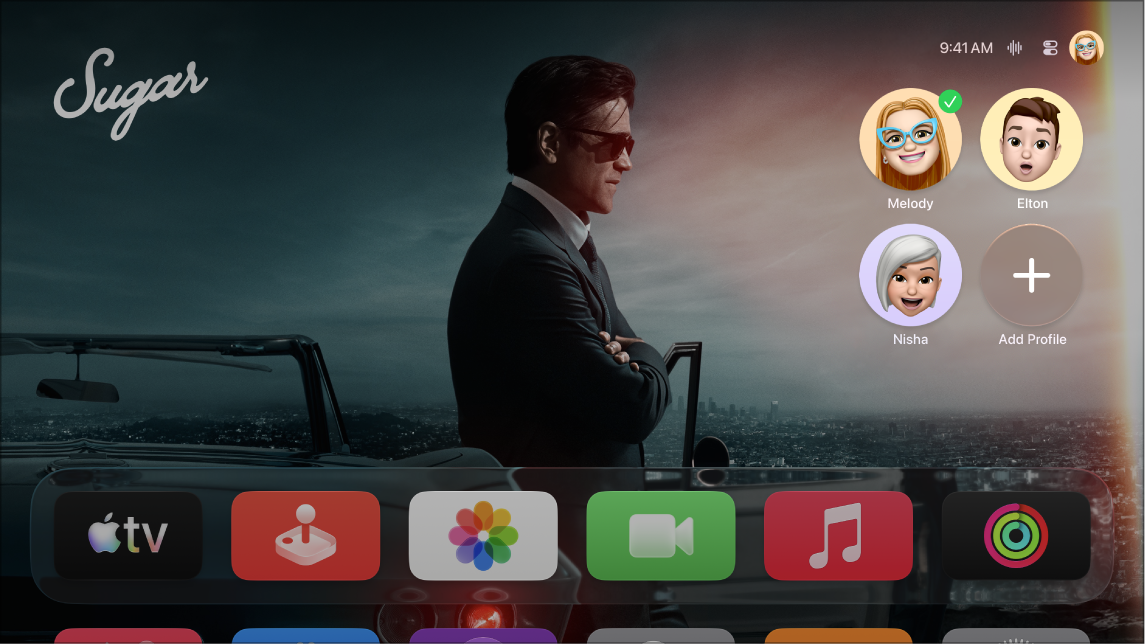 Écran de l’Apple TV affichant l’onglet des profils du centre de contrôle.