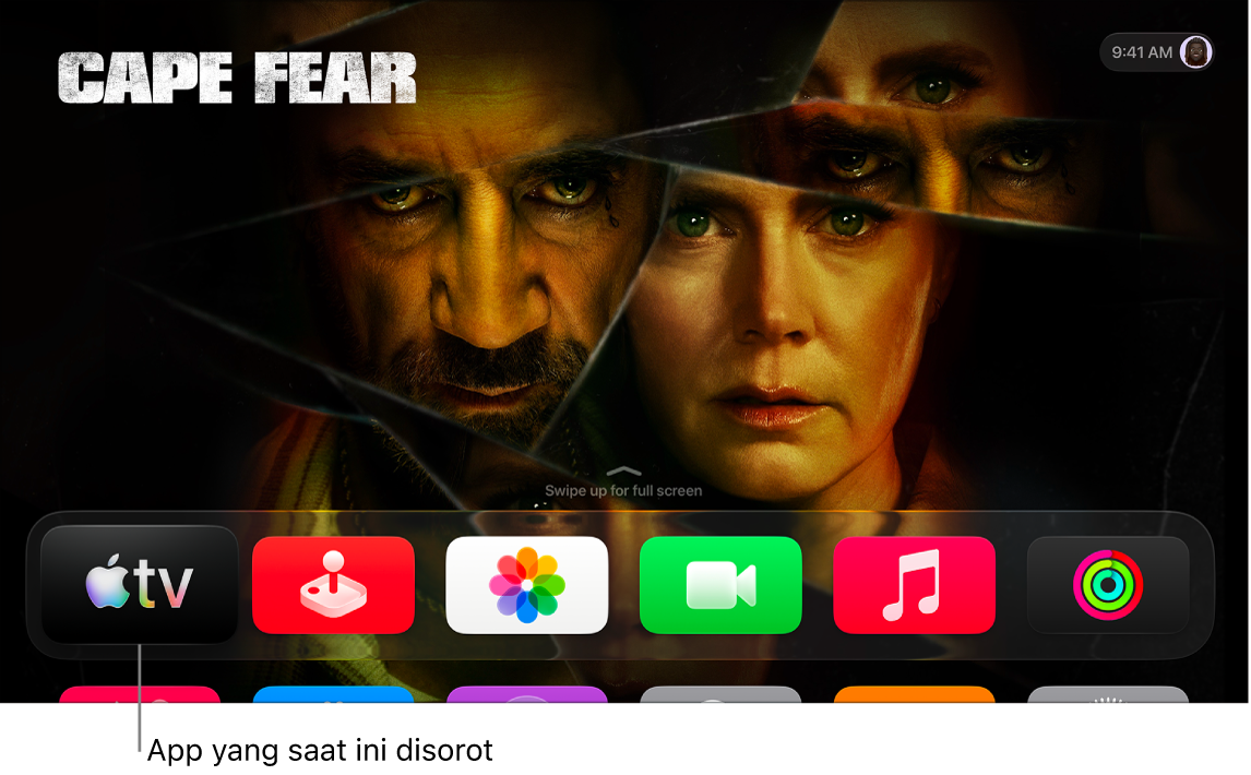 Layar Utama di Apple TV dengan app Apple TV disorot
