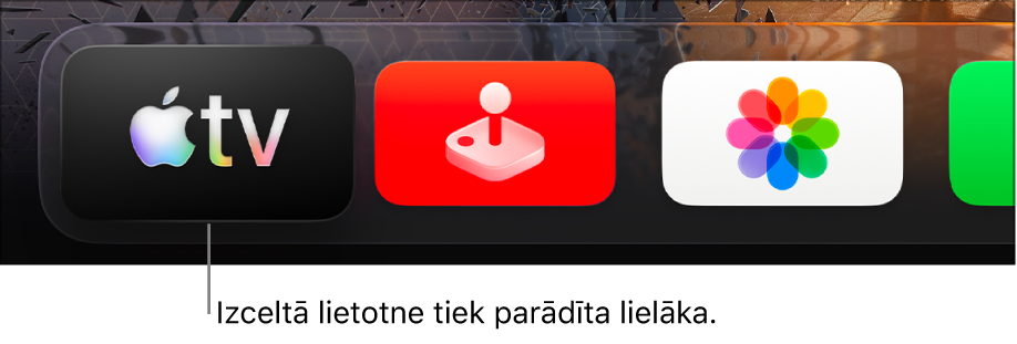 Lietotne Apple TV ir izcelta augšējā Apple TV Home Screen rindā.