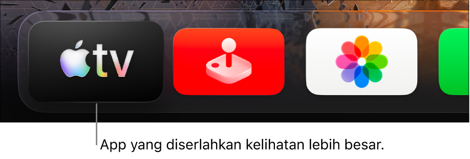 App Apple TV yang diserlahkan dalam baris teratas Skrin Laman Utama Apple TV.