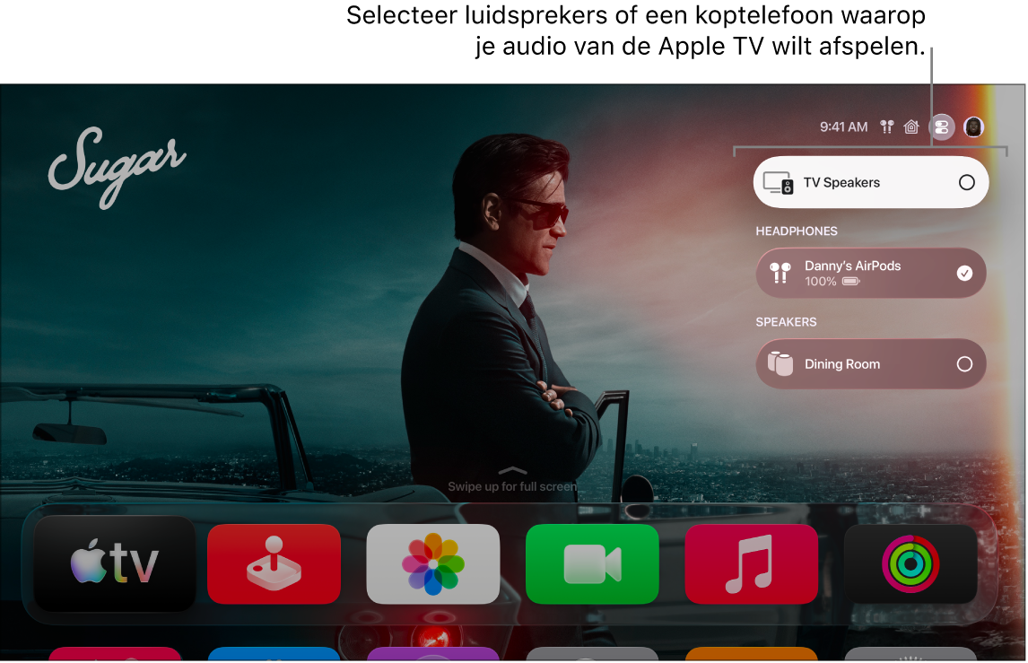Scherm van Apple TV met het bedieningspaneel met audioregelaars