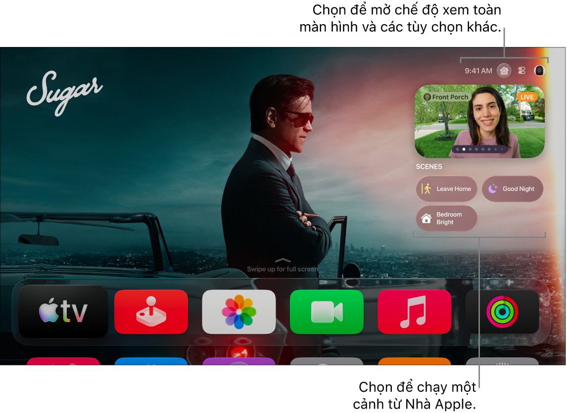 Màn hình Apple TV đang hiển thị tab Nhà Apple.