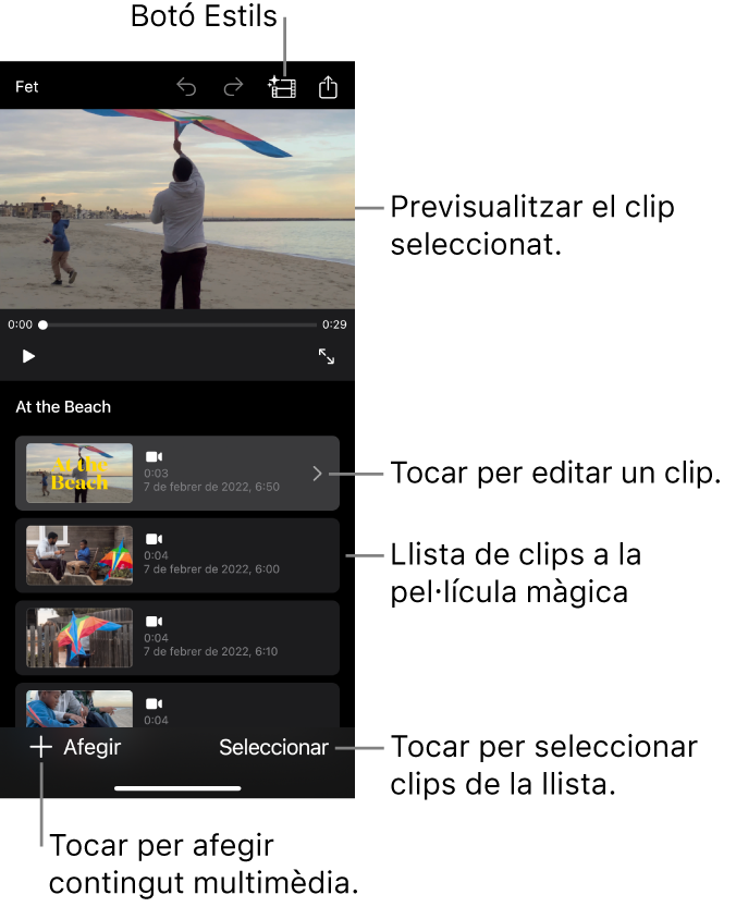 Un projecte de pel·lícula màgica obert en què apareix el clip seleccionat al visor.