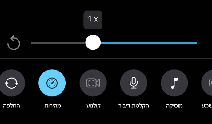 מחוון המהירות מוגדר למהירות של 1x. הכפתור ״איפוס״ מופיע משמאל והכפתור ״מהירות״ נמצא למטה.