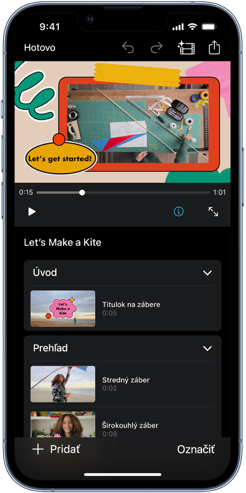 Projekt s obrázkovým scenárom v apke iMovie na iPhone.