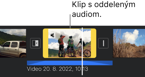 Videoklip na časovej osi s modrým oddeleným audioklipom nižšie.