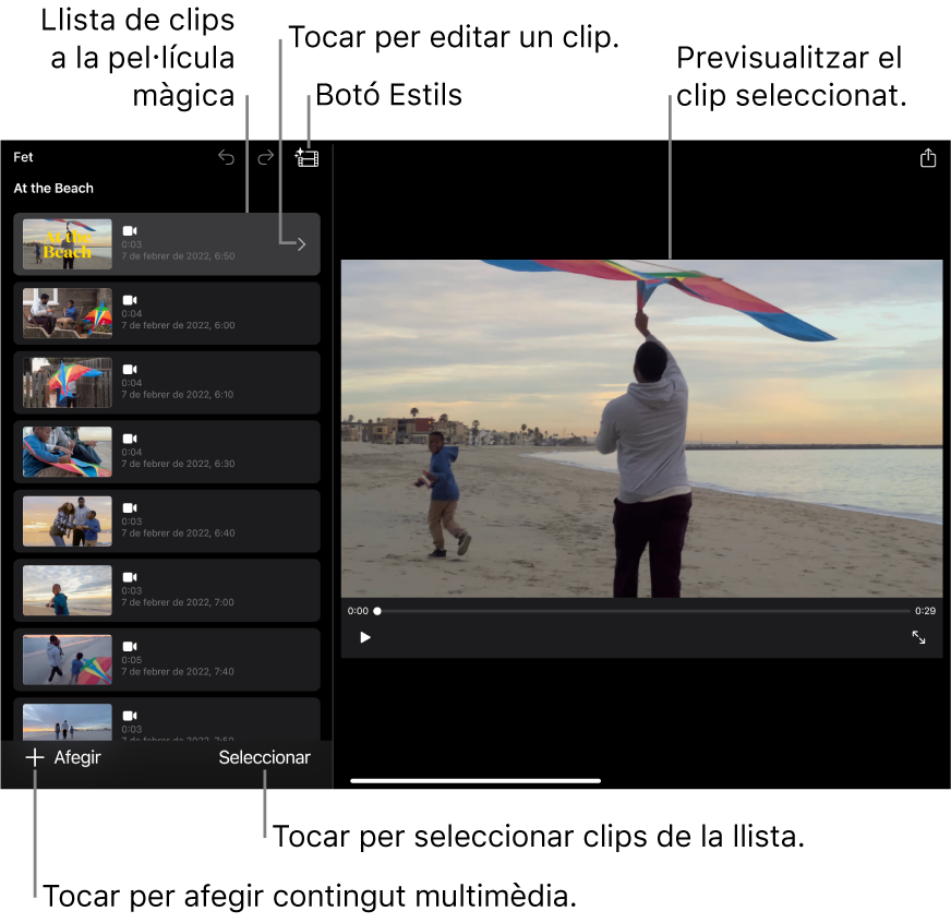 Un projecte de pel·lícula màgica obert en què apareix el clip seleccionat al visor.