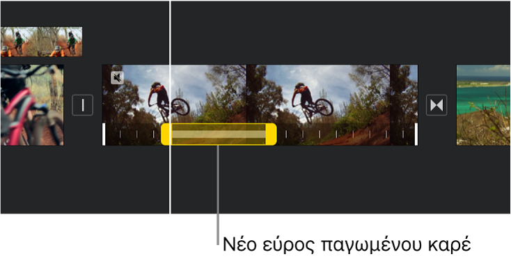 Ένα παγωμένο καρέ με κίτρινες λαβές εύρους στο κάτω μέρος ενός βιντεοκλίπ στη γραμμή χρόνου, με το παγωμένο καρέ να ξεκινά στη θέση της κεφαλής αναπαραγωγής.