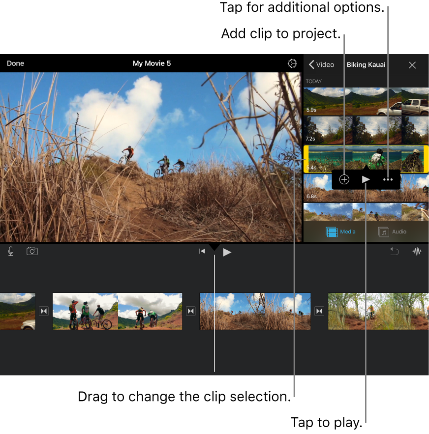 A clip selected in the media browser, with yellow handles on each side and the Add to Project, Play and More Options buttons below.