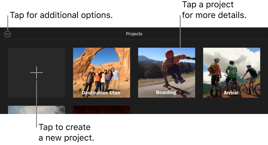Projects in the Projects browser, with the Create and More Options buttons at the top left.