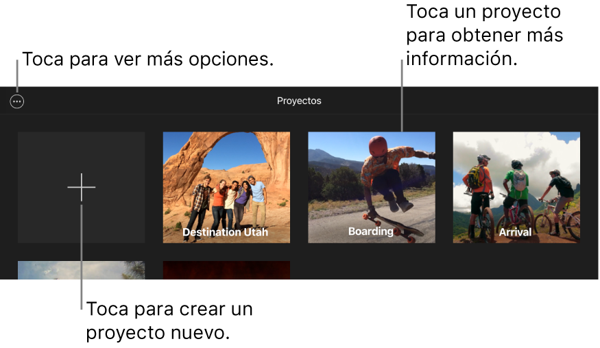 Proyectos en el explorador de proyectos, con los botones Crear y “Más opciones” en la parte superior izquierda.