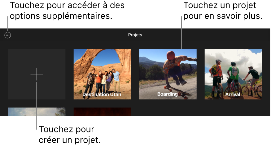 Projets disponibles dans le navigateur de projets, avec les boutons Créer et Plus d’options en haut à gauche.