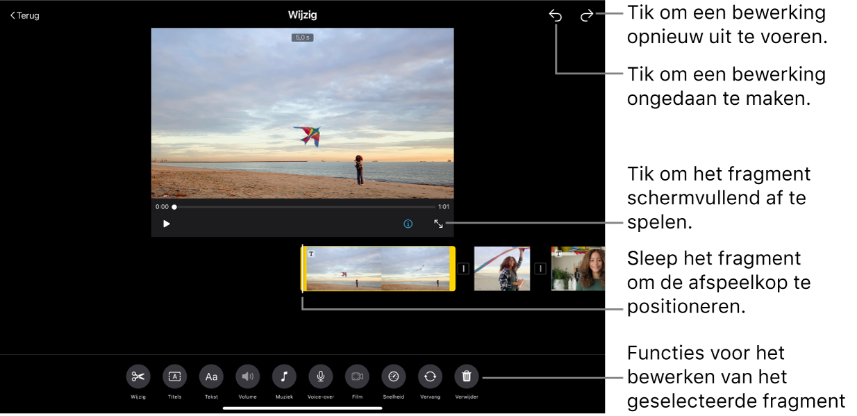 Een fragment in een storyboardproject dat wordt bewerkt. Het weergavevenster bevat een voorvertoning van het fragment. Onder in het scherm staan knoppen voor het bewerken van het fragment.