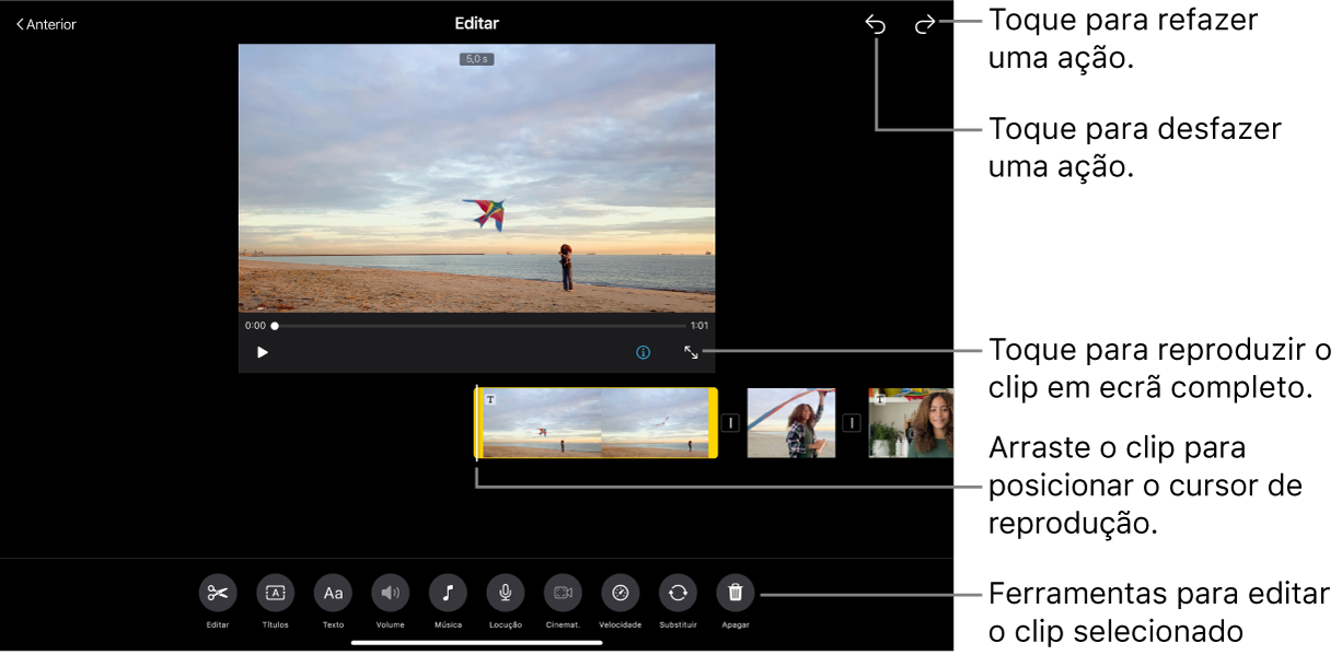 Um clip num projeto de storyboard a ser editado, com o visualizador a mostrar uma pré-visualização do clip. Na parte inferior do ecrã estão botões para editar o clip.