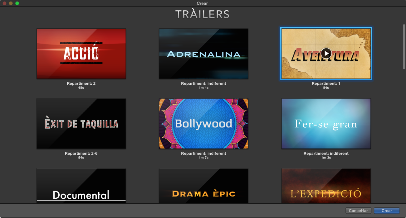 Finestra “Crear” amb previsualitzacions de tràilers