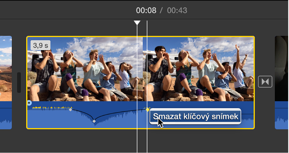 Klíčový snímek zvuku mazaný na časové ose