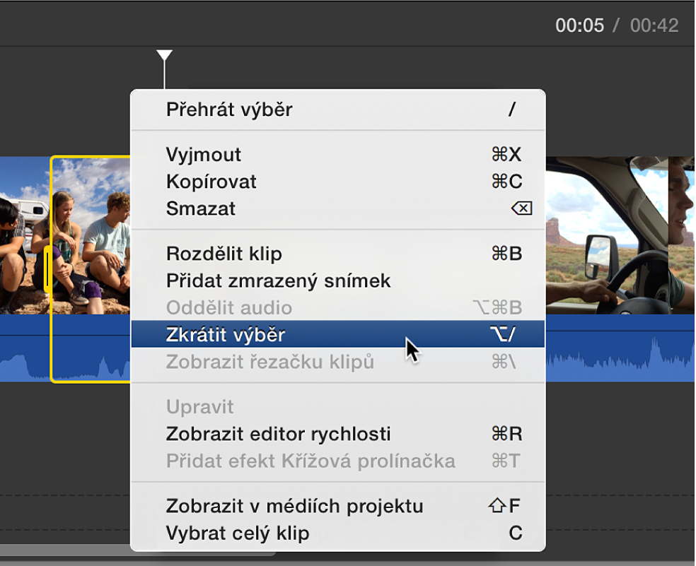 V nabídce zkratek na časové ose je vybrán příkaz Zkrátit výběr