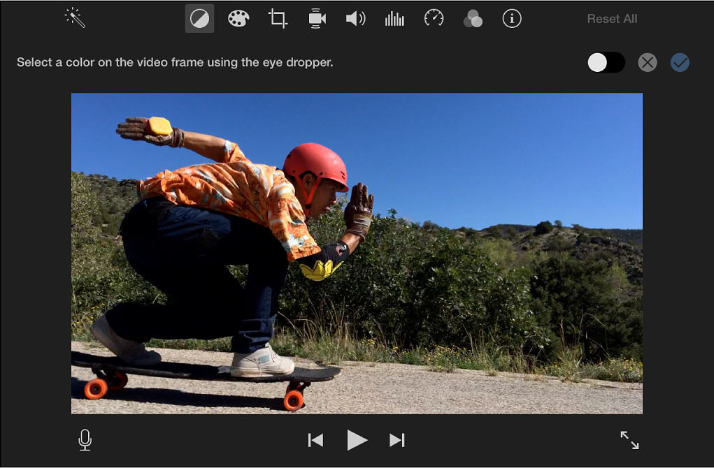 Clip in viewer, with instructions above to select color in clip using eyedropper