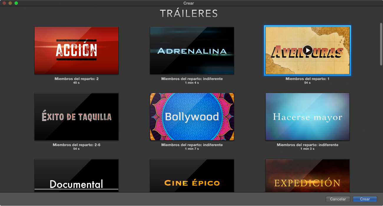Ventana Crear con las previsualizaciones de los tráileres