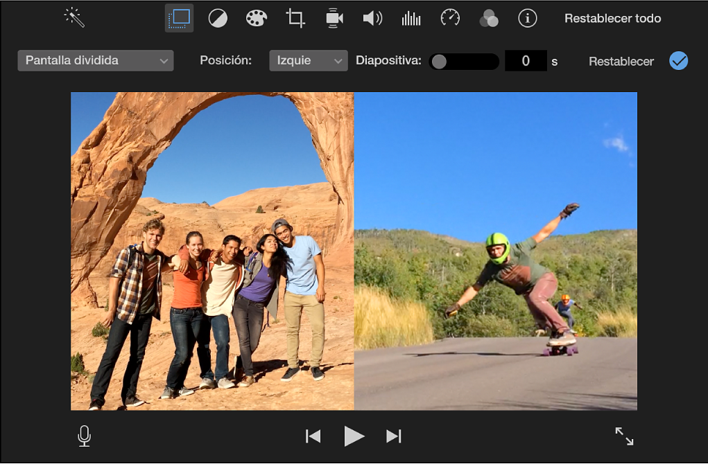 Visor donde se muestran clips recortados en paralelo, con controles encima