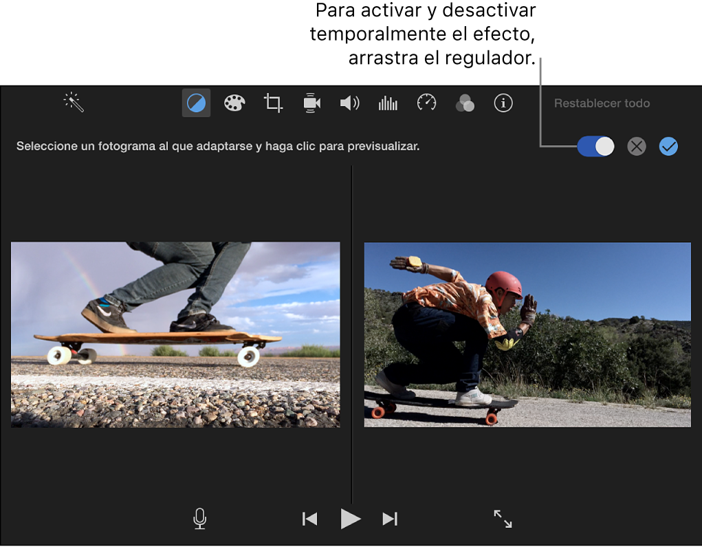 Visor con el clip a la derecha y una previsualización del clip de origen de correspondencia a la izquierda
