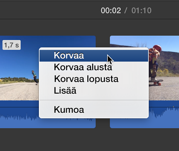 Aikajanan valikko näyttää klipin korvausvaihtoehtoja