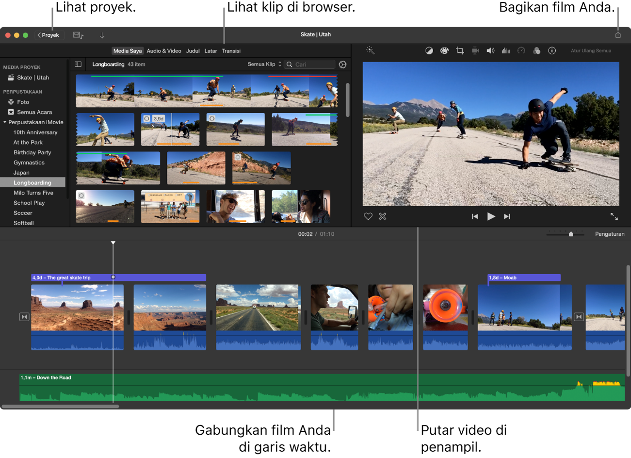 Jendela utama iMovie yang menampilkan browser di kiri atas, penampil di kanan atas, dan garis waktu di bawah