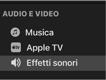 L’opzione “Effetti sonori” selezionata nella barra laterale.
