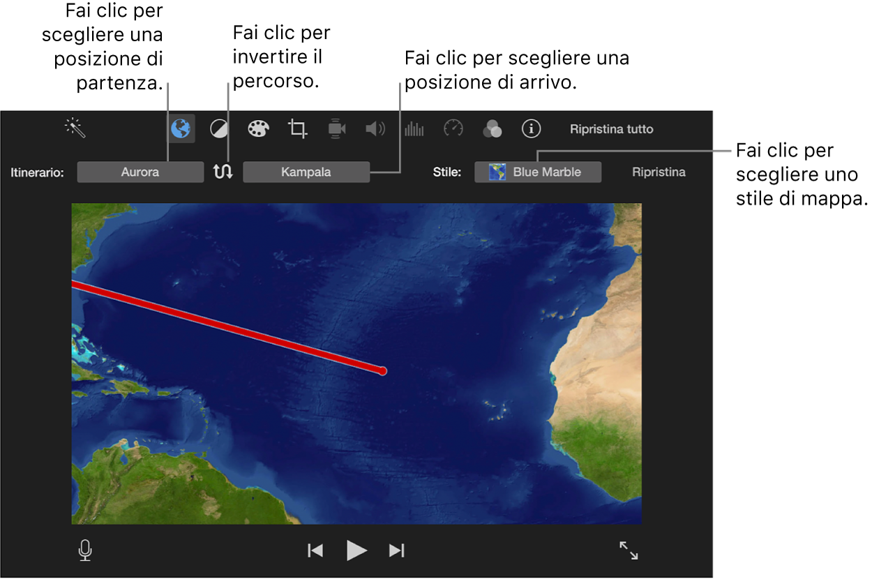 Controlli della mappa di viaggio animata sopra il visore per impostare la posizione di inizio e fine, per cambiare la direzione dell’itinerario e per scegliere uno stile mappa
