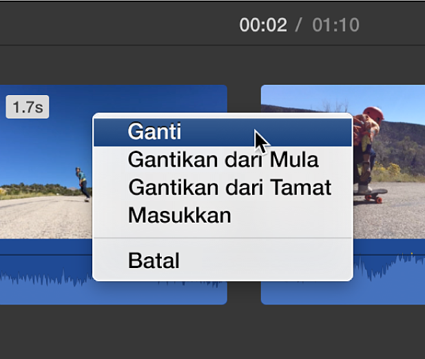 Menu dalam garis masa yang menunjukkan pilihan penggantian klip
