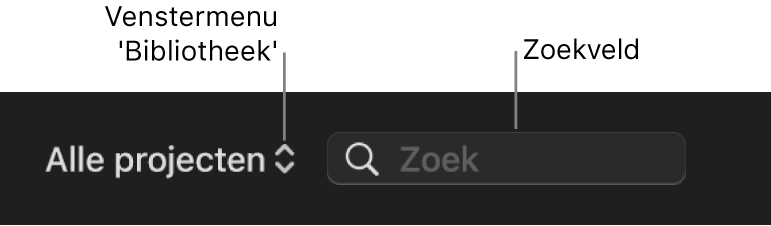 Venstermenu 'Bibliotheek' en zoekveld