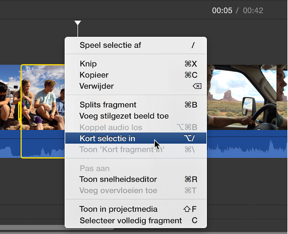 'Kort selectie in' wordt gekozen uit het contextuele menu in de tijdbalk