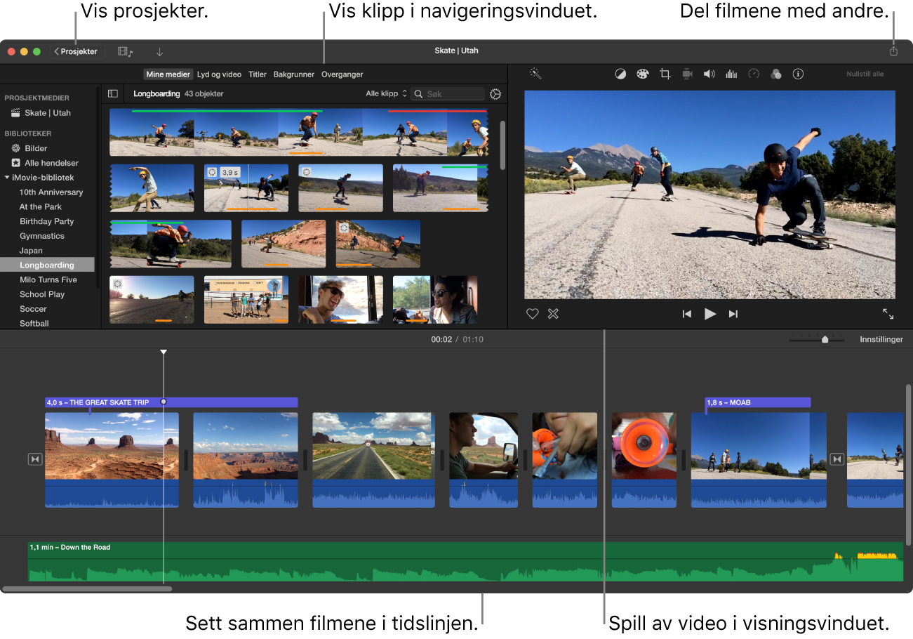 Hovedvinduet i iMovie med navigeringen øverst til venstre, visningsvinduet øverst til høyre og tidslinjen nederst