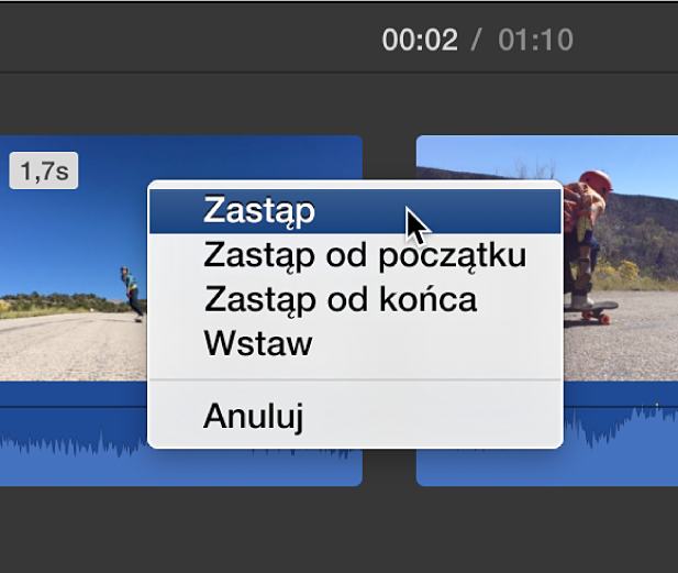Menu na linii czasowej z poleceniami zastępowania klipu