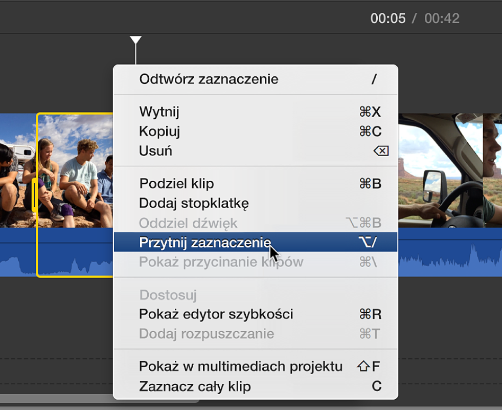 Polecenie Przytnij zaznaczenie wybierane z menu na linii czasowej