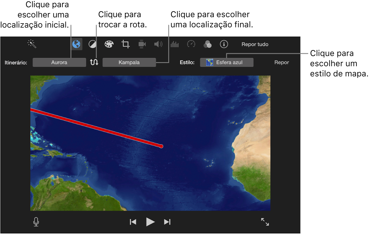 Controlos de mapa de viagem animado acima do visualizador para definir os pontos de início e fim, inverter a direção e escolher o estilo do mapa