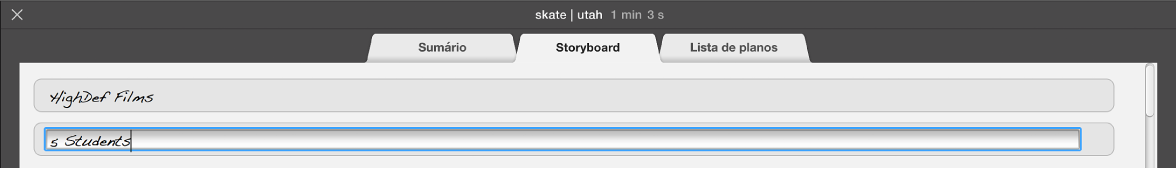 Texto a ser introduzido no painel Storyboard do trailer