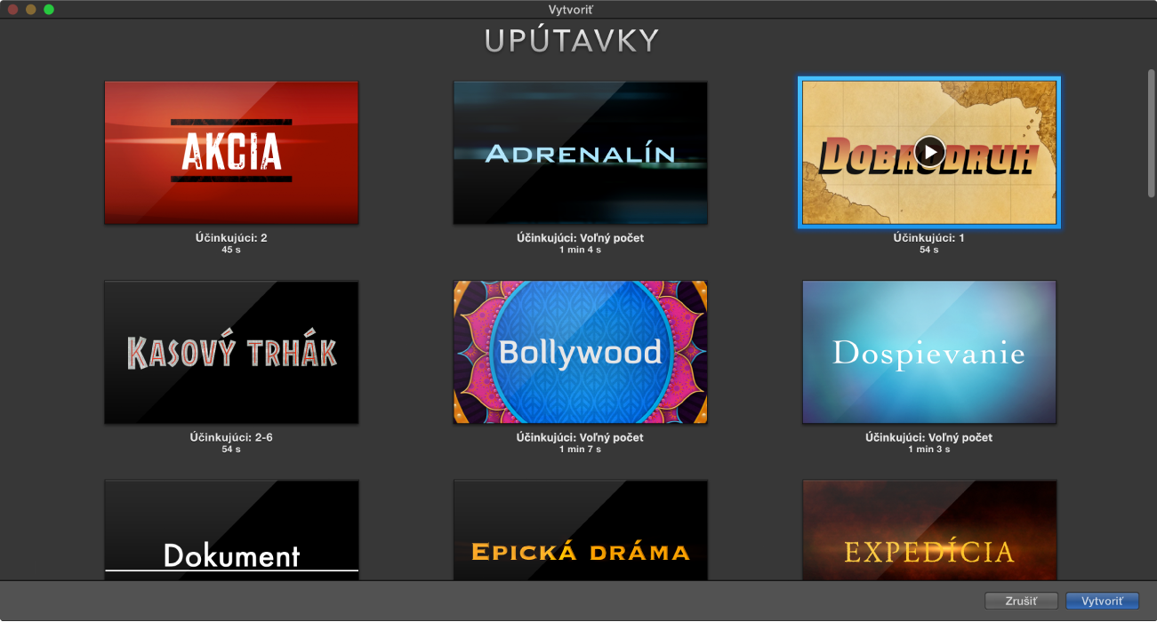 Okno Vytvoriť so zobrazením náhľadov upútaviek