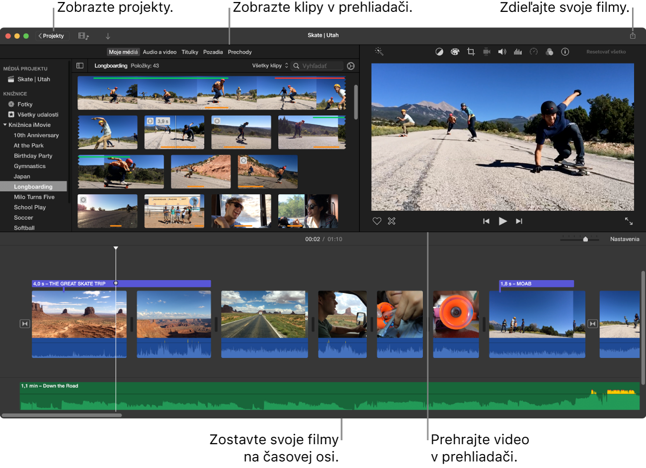 Hlavné okno apky iMovie so zobrazeným prehliadačom (oknom pre výber súboru) vľavo hore, ďalším prehliadačom (oknom na sledovanie filmu) vpravo hore a časovou osou v spodnej časti