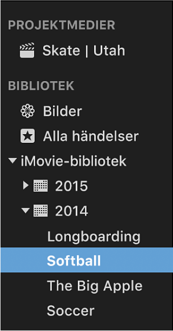 Bibliotekslista med händelser sorterade och grupperade efter årtal