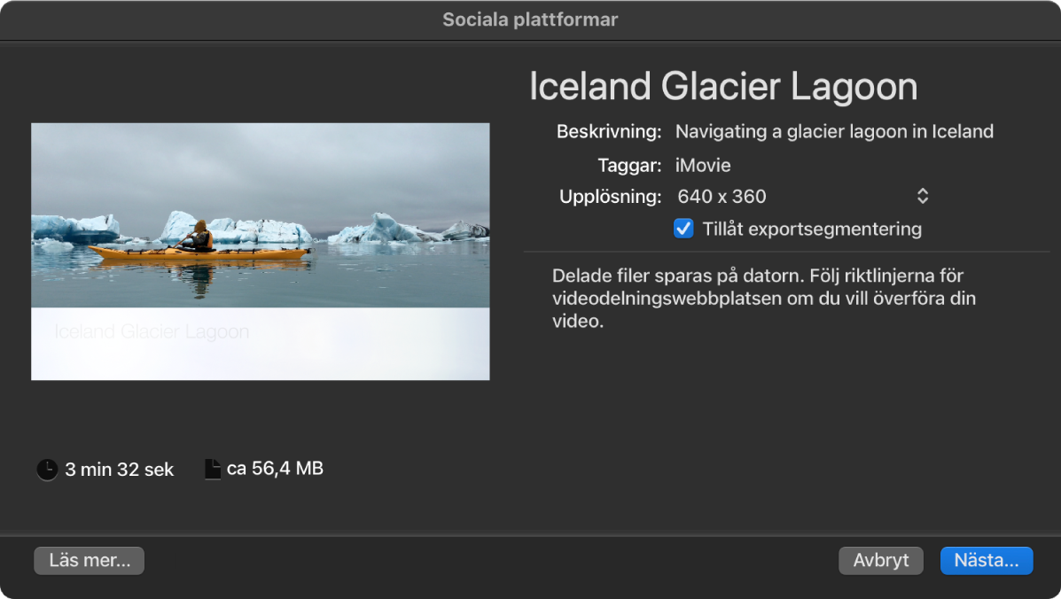 Dialogruta för delning på sociala plattformar.