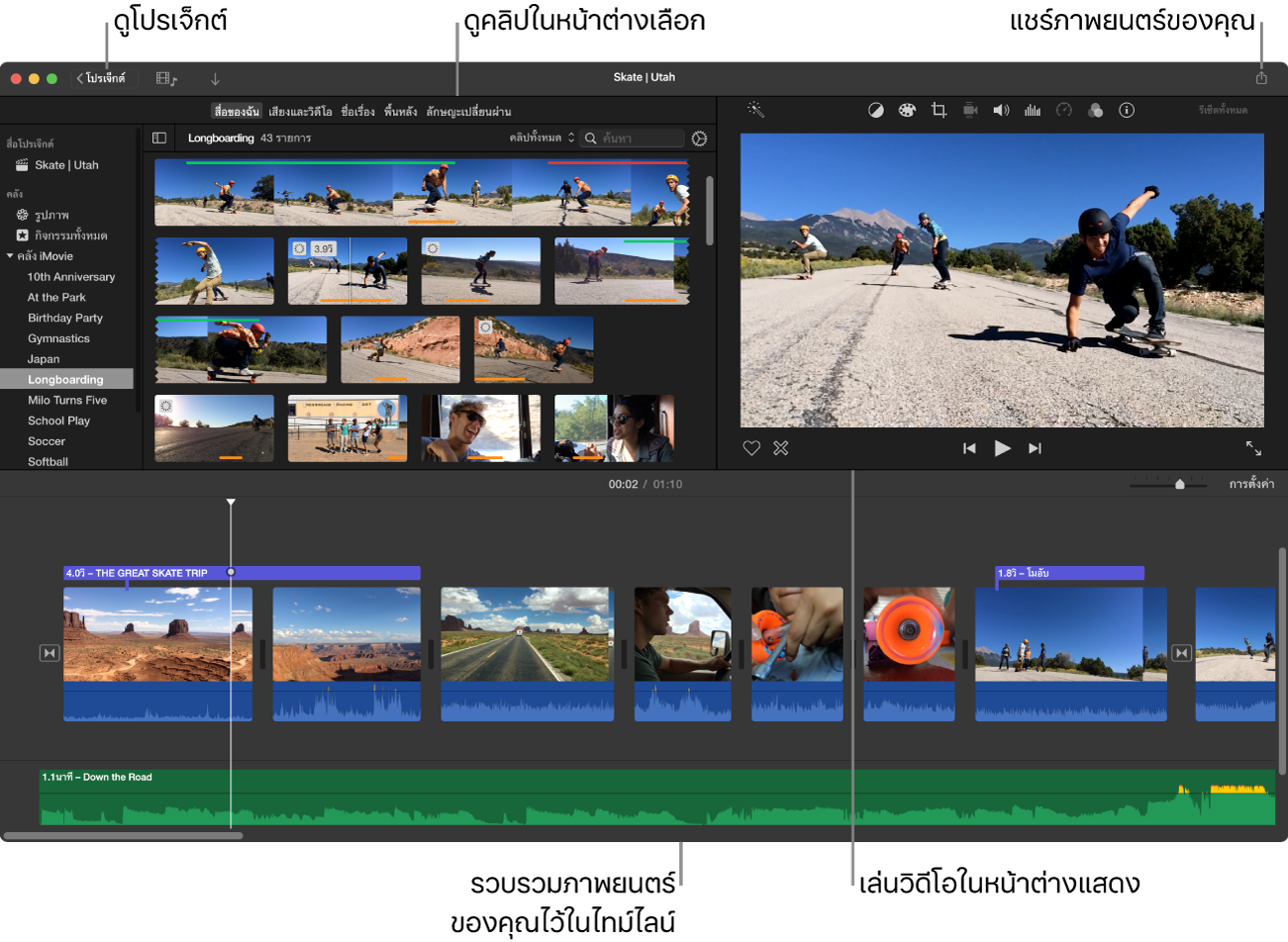 หน้าต่างหลักของ iMovie จะแสดงหน้าต่างเลือกตรงด้านซ้ายบน หน้าต่างแสดงด้านขวาบน และไทม์ไลน์ด้านล่าง