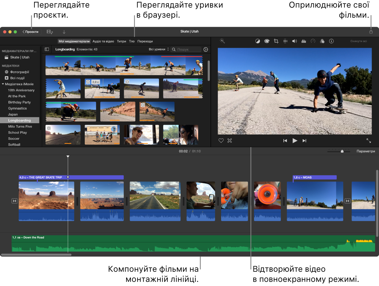 В основному вікні iMovie у верхньому лівому куті відображається оглядач, у правому верхньому — переглядач та внизу — монтажна лінійка.