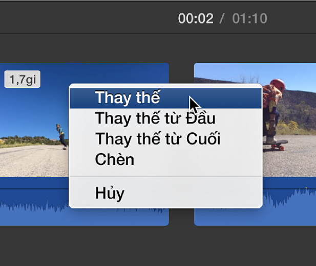Menu trong dòng thời gian hiển thị các tùy chọn thay thế clip