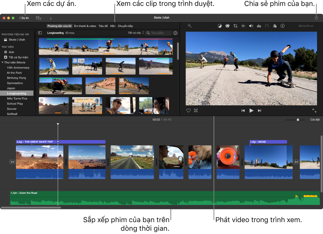 Cửa sổ chính của iMovie hiển thị trình duyệt ở phía trên bên trái, trình xem ở phía trên bên phải và dòng thời gian ở dưới cùng