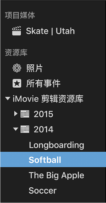“资源库”列表，带有按年排序并分组的事件