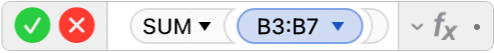 محرر الصيغ يعرض الصيغة =SUM(B3:B7).