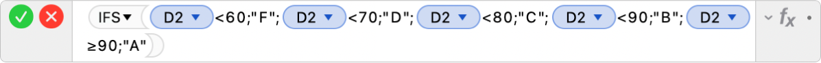محرر الصيغ يعرض الصيغة =IFS(D2<60;"F"; D2<70; "D"; D2<80; "C"; D2<90; "B"; D2≥90; "A").
