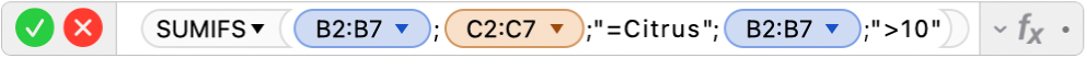 محرر الصيغ يعرض الصيغة ("10<" ;B2:B7 ;"حمضيات=" ;B2:B7; C2:C7)SUMIF=.